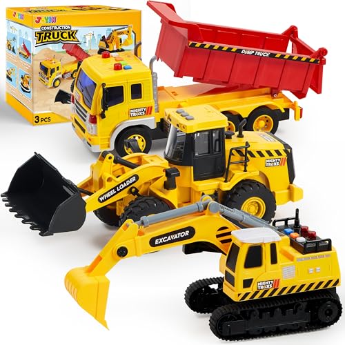 JOYIN 3 Pack Construction Toy - Excavator, Dump Truck and Loader, Moveable Claw & Lifting Back, Construction Truck Toy, Birthday Gift for Boys Kids