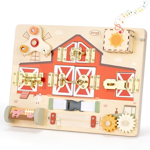 Joyreal Wooden Montessori Busy Board for 1 2 3 Year Old Toddlers, Farm Themed Sensory Toys for Kids, Fine Motor Skills Activity Board with Music Box & Latches, Learning Toys Gift for Autistic Children