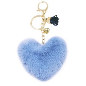 jtkdxqs Pom Pom Keychain Soft Artificial Rabbit Fur Plush Fluffy Key Ring Heart Shape Tassel Keychains for Women,light blue