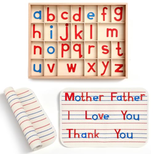 Juexica Capital Letters Montessori Letters Movable Wood Alphabet with Box and Large Mat Small Wooden Alphabet Montessori Trays Preschool Spelling Learning Language Materials, Red, Blue