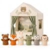 Juju Puppet Theater Cotton Canvas Stage House with 6 Soft Animal Hand Puppets – Woodland Bear Fox Bunny Frog Owl Hedgehog Set – Foldable Fabric Stage – Cozy Neutral Room Décor