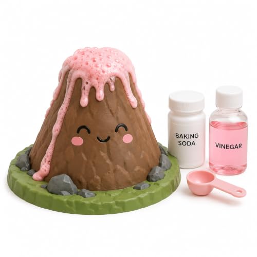 Juju Reusable Volcano Science Model – Erupting Baking Soda and Vinegar Experiment Set with Measured Jars and Scoop – Molded 8 Inch Desktop Science Kit for Home and Classroom – Repeat Eruptions