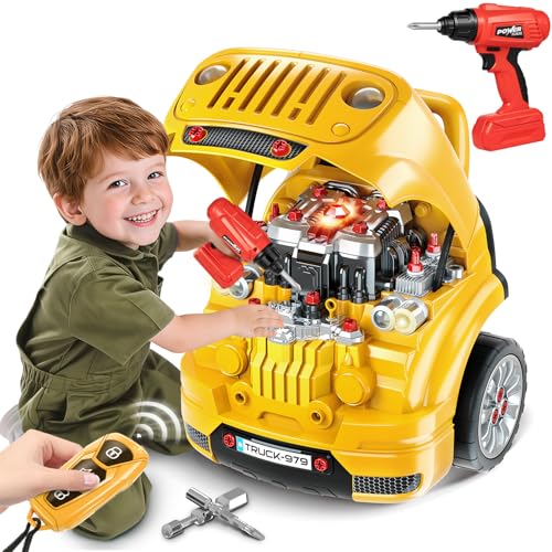 Jumlys Toys for 3, 4, 5, 6, 7, 8 Years Old Boys, Large Truck Engine Toys for Kids 3-5, 5-8 Years Old, Mechanic Repair Set with Electric Drill, Big Truck Builder Kit, Ideal Christmas, Birthday Gifts