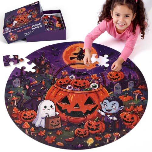 Junkin Halloween Floor Puzzle for Kids Ages 6-8, Large 70 Piece Round Jigsaw for Ghost Pumpkin Theme Toys Puzzles Thick Material 23 Inch Seasonal Gift for Girls Boys Early Learners Beginners