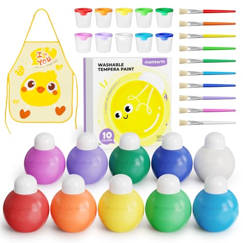 JUPITEARTH 10 Colors Washable Paint Set for Kids, 4.06oz(120ml) Each, Non-Toxic, Includes Brushes, Cups and Apron, Creative Gift for Toddlers and Preschoolers