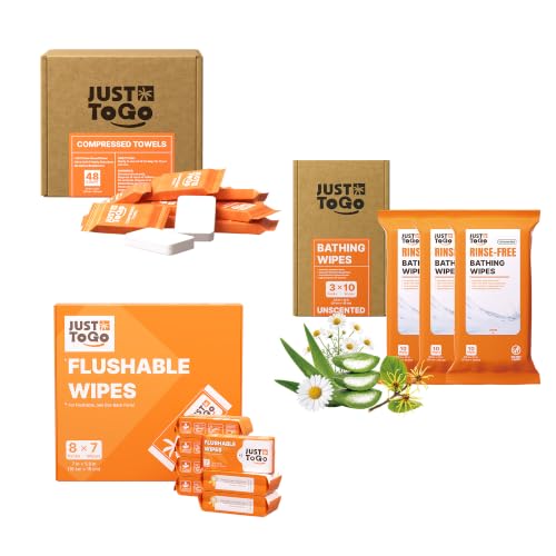 JUST TO GO Travel Set, 56Ct Flushable Wet Wipes, 48Ct Compressed Towels & 30Ct No-Rinse Bathing Wipes - Unscented Portable Care Kit for Camping, Gym & On-the-Go