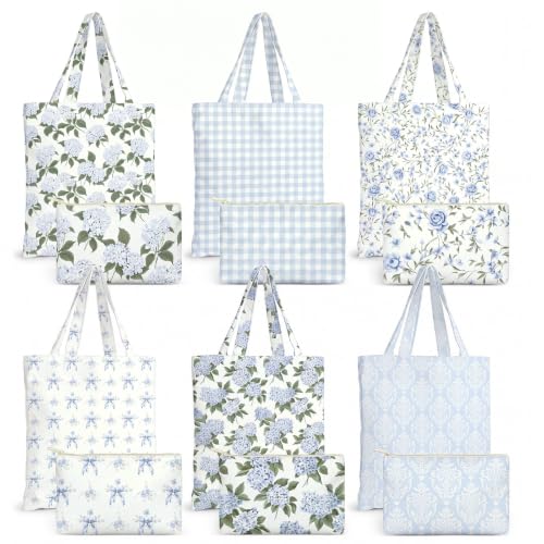 Kacctyen 12 Pcs Hydrangea Bow Canvas Tote Bag Bulk 16 x 13.8 Inches for Women Blue Coquette Aesthetic Makeup Bags 6 x 8.7 Inches Bow Floral Canvas Toiletry Bag for Travel Makeup Pouches
