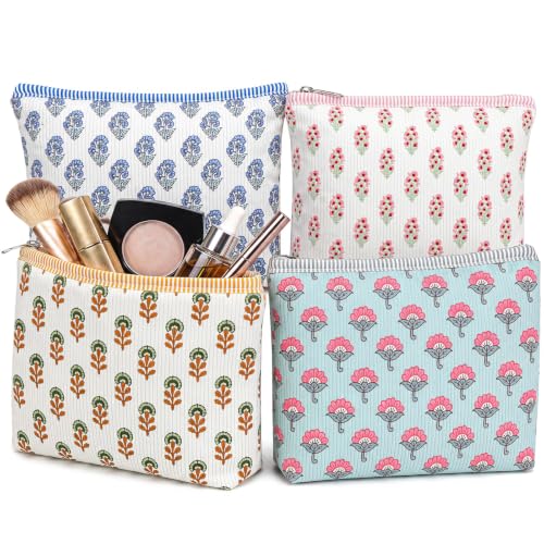 Kacctyen 4 Pcs Corduroy Printed Cosmetic Makeup Bag Set Stylish Essential Organizer Large-capacity Corduroy Zippered Pouches Travel-friendly Toiletry Bag for Women Bridesmaid Gifts