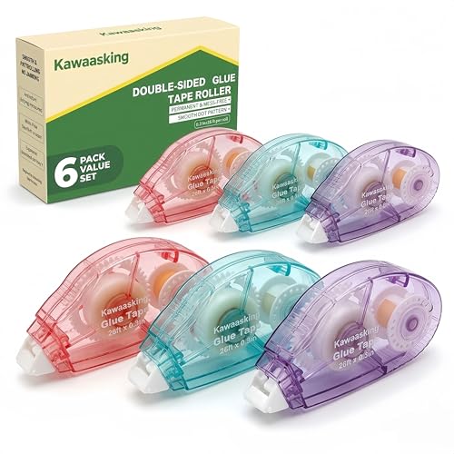 Kawaasking 6 Pack Double Sided Glue Tape Roller, 0.3in×26ft Per Roll Total 156ft Permanent Dot Tape Runner for Scrapbooking, Junk Journal, Card Making, Teacher School Office Gift Wrapping Crafts