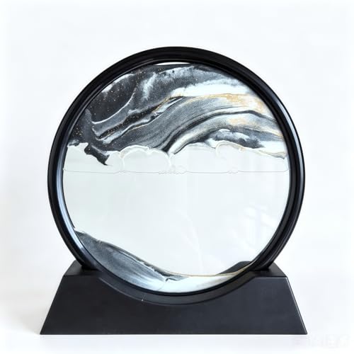 Kbkoudez Moving Sand Art Picture- Sand Art Liquid Motion 3D Sandscape, Round Glass Frame Display Flowing Sand Relaxing Toy for Desktop Home Office Work Ocean Decor, Ideal Gift (Black, 7inch)