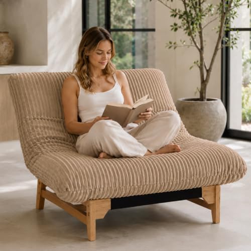 KEIKI Large Bean Bag Chair, Adults Kids Comfy Corduroy Small Couch with Wood Frame, Big Accent Beanbag Lounge Chairs Indoor, Lazy Cozy Floor Sofa Couches for Living Room Reading, Easy Assembly, Khaki