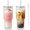 KEMORELA 28 oz Double Wall Glass Tumblers Set of 2, Extra-Wide 13mm Reusable Drinking Straws, Boba Tumbler, Wide-Mouth Water Cups for Iced Coffee, Smoothies, Boba & Tea Lovers (Ribbed)