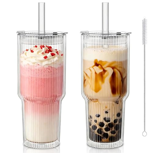 KEMORELA 28 oz Double Wall Glass Tumblers Set of 2, Extra-Wide 13mm Reusable Drinking Straws, Boba Tumbler, Wide-Mouth Water Cups for Iced Coffee, Smoothies, Boba & Tea Lovers (Ribbed)