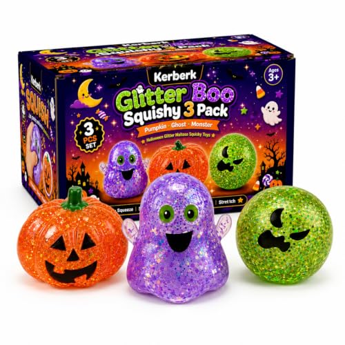 Kerberk Halloween Squishy Toys 3 Pack - Glitter Slow Rising Sensory Fidget Squishies - Soft Stretchy Stress Relief Toy for Party Favors, Trick or Treat - Pumpkin, Ghost, Monster