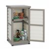 Ketive Outdoor Storage Cabinet, 33.5" H Compact Patio Storage Cabinet with Plastic Door Panels, Wood-Style Frame, 2-Tier Outdoor Organizer for Porch, Balcony, Backyard, Garden Supplies, Gray & White