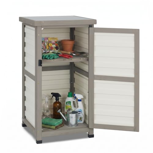 Ketive Outdoor Storage Cabinet, 33.5" H Compact Patio Storage Cabinet with Plastic Door Panels, Wood-Style Frame, 2-Tier Outdoor Organizer for Porch, Balcony, Backyard, Garden Supplies, Gray & White