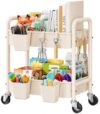 Khaki 2 Tiered Small Rolling Cart on Wheels, Diaper Caddy Bedside Cart for Baby Nursery Essentials, Metal Under Desk Short Rolling Snack Carts for Bathroom, Under Table Side, Art, Craft, Makeup,Office