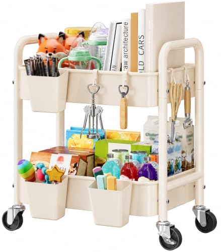 Khaki 2 Tiered Small Rolling Cart on Wheels, Diaper Caddy Bedside Cart for Baby Nursery Essentials, Metal Under Desk Short Rolling Snack Carts for Bathroom, Under Table Side, Art, Craft, Makeup,Office