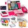 Kids Cash Register Toy Playset, Real Calculator Cash Register | Prentend Play Store with Scanner/Credit Card/Play Money/Food, Kids Learning Toys for Boys Girls(Pink)
