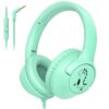 Kids Headphones Wired with Microphone, 3.5 Cord 85/94dB Volume Limit, Green