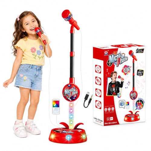 Kids Karaoke Microphone with Adjustable Stand,43.3" Adjustable Microphone Stand for Kids with 7 Color Rotational Flashing Lights & Phone Connection Cable,KidsStandingMicrophone for Portable Singing