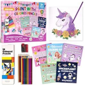 KIDS KING Coloring Book Kit, 5 Themes: Princess | Unicorn | Mermaid | Space | Transportation, Contains Colored Pencils Cute Styles for Painting, Arts & Crafts for Adult and Younger