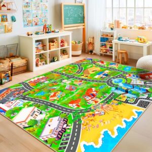 Kids Rug for Living Room Playroom Classroom, City Map 8x10 Rugs for Cars