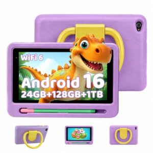 Kids Tablet with Shockproof Case, 7 inch Android 16 Tablet for Kids, 24GB RAM 128GB ROM 1TB TF Card Expand, Parental Control, Eye Protection, Dual Camera, WiFi 6, Purple