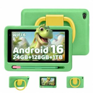 Kids Tablet with Shockproof Case, 7 inch Android 16 Tablet for Kids, 24GB RAM 128GB ROM 1TB TF Card Expand, Parental Control, Eye Protection, Dual Camera, WiFi 6, Green