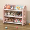 Kids Toy Storage Organizer with 6 Bins, Pink HDPE Shelf and Bin Cabinet