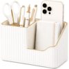 KINGFOM Luxury PU Leather Desk Organizer for Office Accessories, Aesthetic Pen Holder for Desk, Modern Desktop Storage Organizer for Home Office Supplies Cream White with Gold Trim
