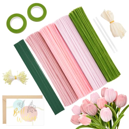KINGLAKE 400 Pcs Pipe Cleaners Craft Set - 4 Assorted Pink Pipe Cleaner Set for DIY Flower Making Kit Fluffy Chenille Stems for with Floral Stems Gardening Tape Stamen for DIY Gift Decorations