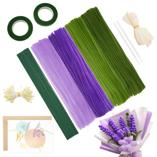 KINGLAKE 400 Pcs Pipe Cleaners Craft Set - 4 Assorted Purple Pipe Cleaner Set for DIY Flower Making Kit Fluffy Chenille Stems for with Floral Stems Gardening Tape Stamen for DIY Gift Decor