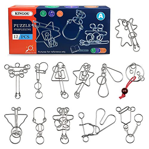KINGOU Metal Wire Brain Teaser Puzzles, 12 Pcs Interlocking IQ Test Disentanglement Toys with 3mm Polished Nickel-Plated Coils, Logic Game Set for Kids Adults Party Favors and Travel - Model A