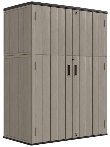 KINYING Outdoor Storage Cabinet Waterproof, 57 Cu.ft Resin Vertical Outdoor Storage Shed for Patio Furniture, Garden Tools, Pool Accessories, Mower Storage (Brown)