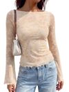 KIRUNDO Floral Going Out Tops for Women 2026 Fall Mesh Top,Beige,L
