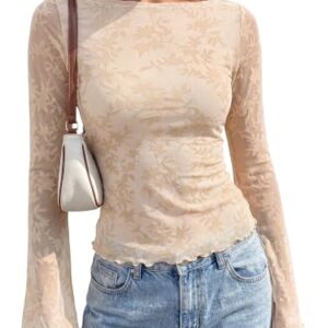 KIRUNDO Floral Going Out Tops for Women 2026 Fall Mesh Top,Beige,L