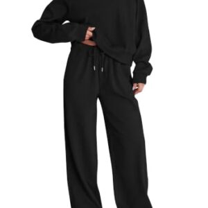KIRUNDO Sweatsuits Women 2 Piece Outfit Sweat Set Lounge Sets, Black, L