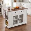 Kitchen Island Cart with Glass Door Storage, Power Outlet and Open Shelves, Rolling Kitchen Island with Knife Holder, for Kitchen, Dining
