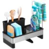 Kitchen Sink Organizer with Drain Tray, Stainless Steel and Plastic Sink Caddy, Adjustable Dividers, Towel Rack, Brush Holder, Non Slip Base, for Kitchen Cleaning Tools