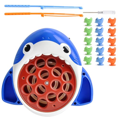 KIZUNE Shark Themed Magnetic Fishing Game Toy, Rotating Board with Music & 2 Fishing Rods, Educational Hand-Eye Coordination Training Toy, Fun Birthday Gift for Kids Ages 3+ (Blue)