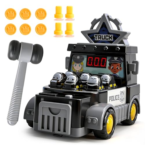 KIZUNE Whack A Mole Game Toy with Score Counter, Lights & Sound, Interactive Hammering Arcade Game with Hammer & Bonus Coins Screws, Birthday Gift for Boys Girls Ages 3+ (Black)