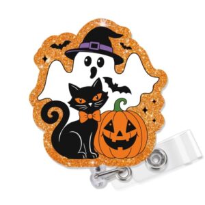 Koazava Halloween Cute Badge Reel with Retractable Alligator Clip, Glitter Ghost Badge Holder with Black Cat Pumpkin, Funny Spooky ID Reel Gift & Decor for Woman Teacher Nurse RN CNA MA Work Office