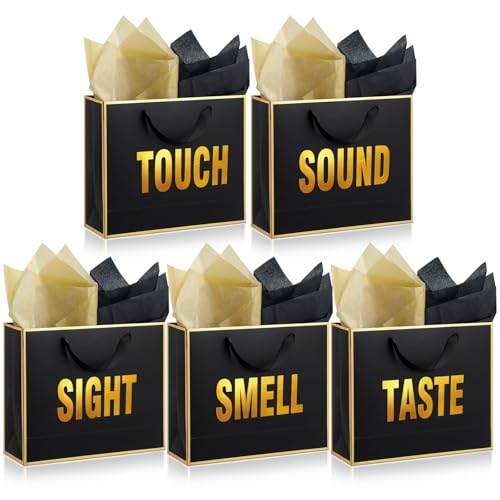 Kolldenn 5 Senses Gift Bags for Him and Her Five Senses Gift Bag with Ribbon Handles and Tissue Paper Present Wrappings for Valentine Wedding Birthday Mothers Day(Black,9.8 x 6.7 x 3.1 Inch)