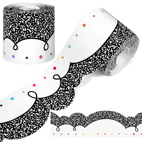 Kolldenn 68.9ft Black and White Bulletin Board Border Black White Squiggles and Stripes Classroom Borders Trim Rolled Die Cut for Bulletin Board Chalkboard School Teachers Wall Decor(Composition Dots)