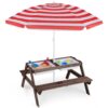 KOTEK Kids Picnic Table, 4 in 1 Sand and Water Tables w/Detachable Tabletop, 2 Removable Play Boxes, Foldable & Height Adjustable Umbrella, Wood Sensory Table and Bench for Outdoors, Indoors (Red)
