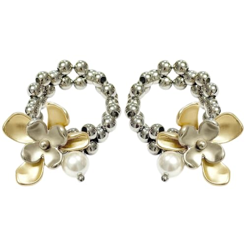 Kronabelle 2 Pcs Beaded Rings, Elastic Pearl Ring and Flower Titanium Steel Band, Stacking Rings Set for Women, Floral Pearl Design, Stretchable Fit, Layered Wear, Polished Look