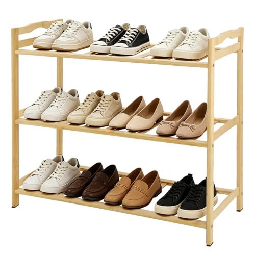 Kronabelle Three-Tier Wood Shoe Rack, 19.7 x 9.1 x 17.9 in, Freestanding Space Saving Storage Shelf, Open Design for Quick Access, Entryway Shoe Organizer for Home, Dorm Room, Bedroom