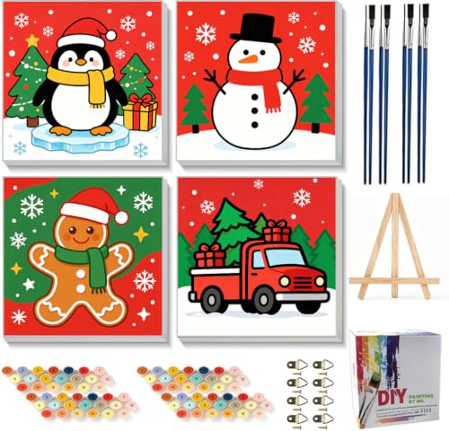 KYOQFVN 4 Pack Christmas Paint by Numbers Kit for Kids with Frame-Wooden Easel, Christmas Paint by Numbers for Kids Ages 4 8 12, Easy Acrylic Oil Painting Kits for Home Wall Decoration 8x8 inch