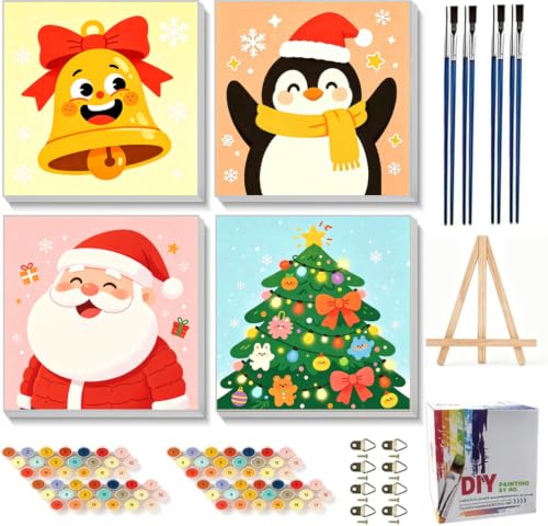 KYOQFVN Christmas Paint by Numbers Kit for Kids with Easel, 4 Pack Framed Paint by Number for Kids, DIY Paint by Numbers Kits for Kids Ages 4-8-12, Easy Oil Painting Crafts for Home Wall Decor